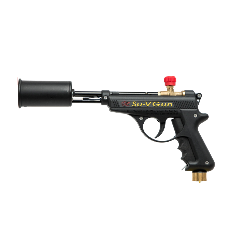 Short barrel blow torch gun with trigger, gas control on top of handle, and gas connector on bottom of handle