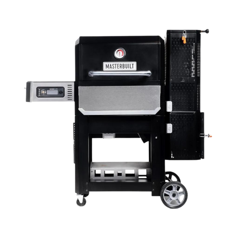 Black, rectangular grill on wheels with a fuel hopper on the right side and a metal shelf with controls on the left side
