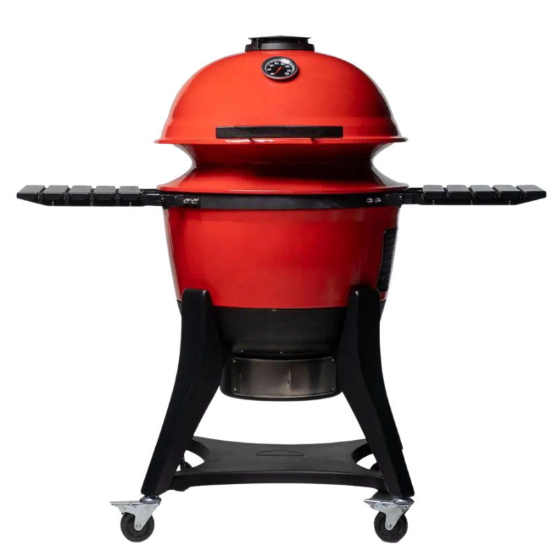 Medium sized, red charcoal grill with a shelf on both sides, and a thermometer and vent on the top lid