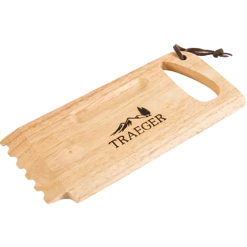 Wooden scrape with traeger logo, handle, and leather hanging strap