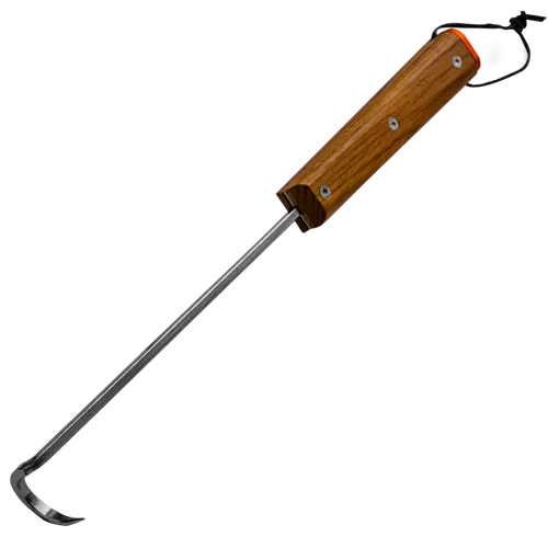 metal shaft with curled end and wooden handle