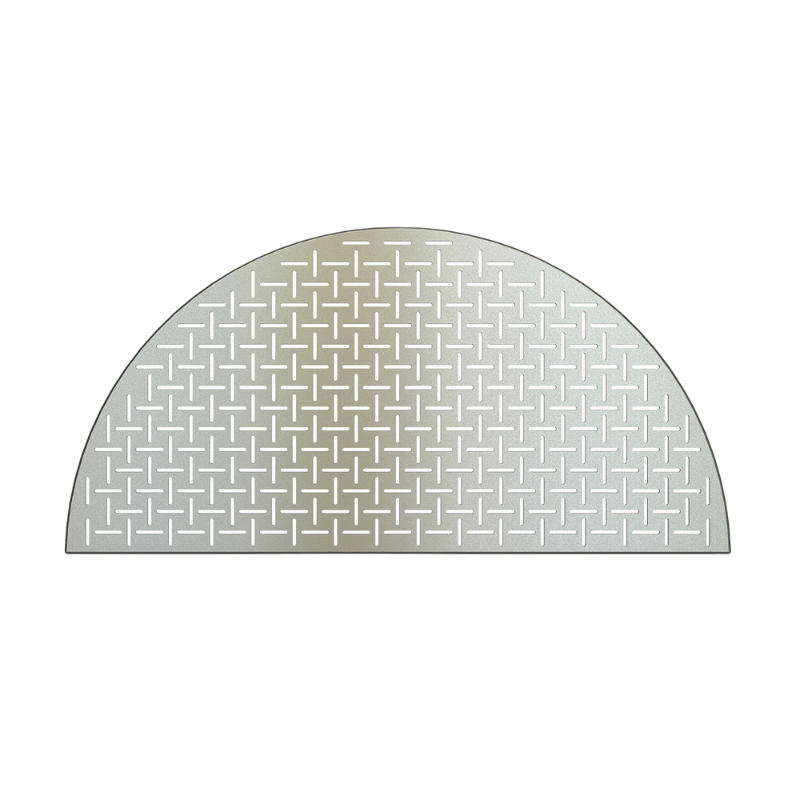 Semi-circular metal grate with many small long holes designed for cooking fish and veggies