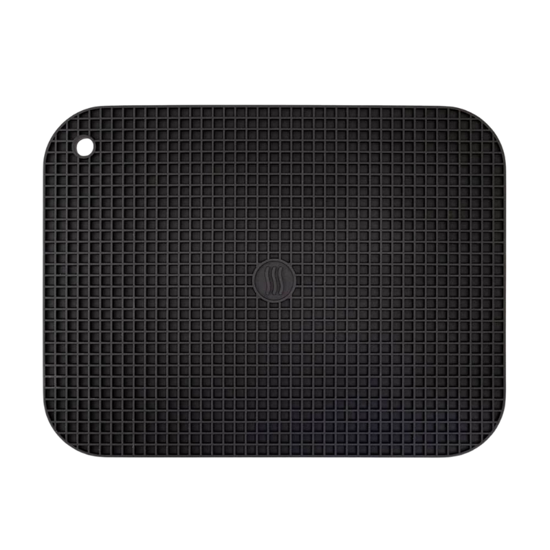 Black rubber hot pad with grid design, thermoworks logo in the middle, and a hole in the top corner to hang from a hook