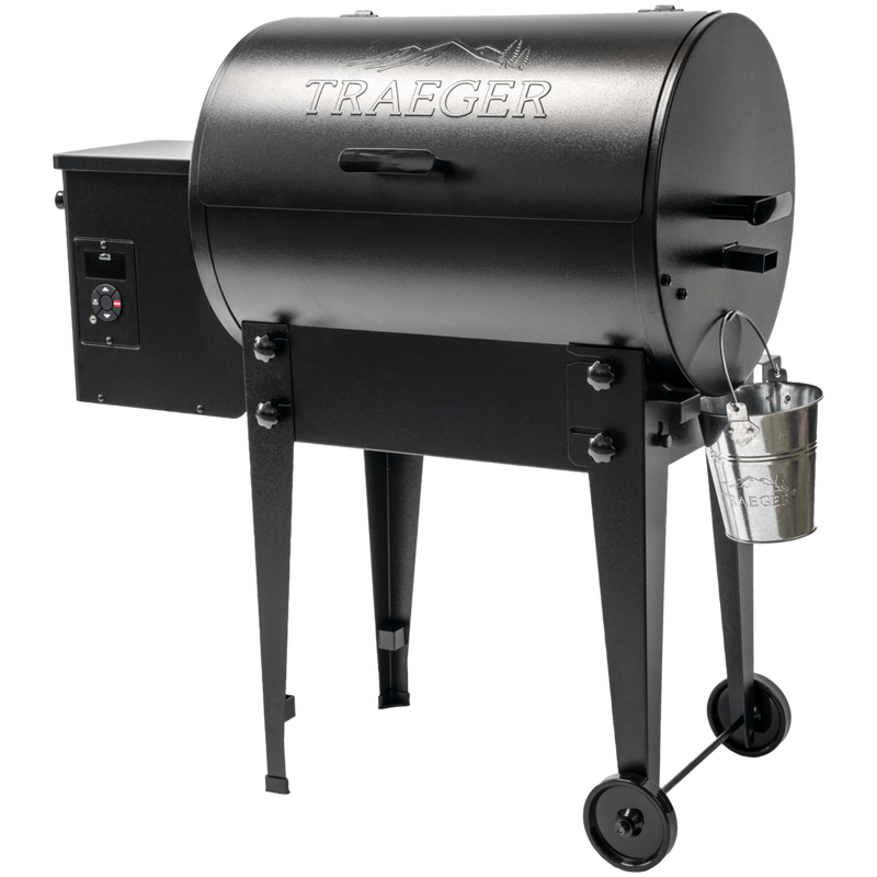 Small, portable grill with a pellet hopper and controls on the left side and a grease bucket on the right side