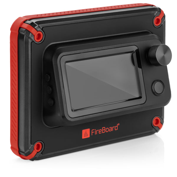 Black and red electronic device with a screen and control knobs on a white background, featuring the FireBoard logo.