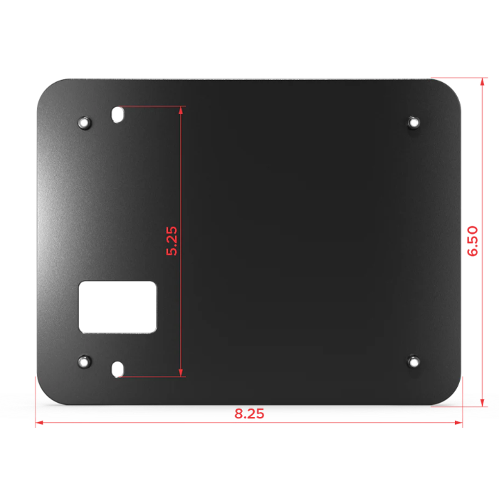 Black metal plate with dimensions marked on a white background