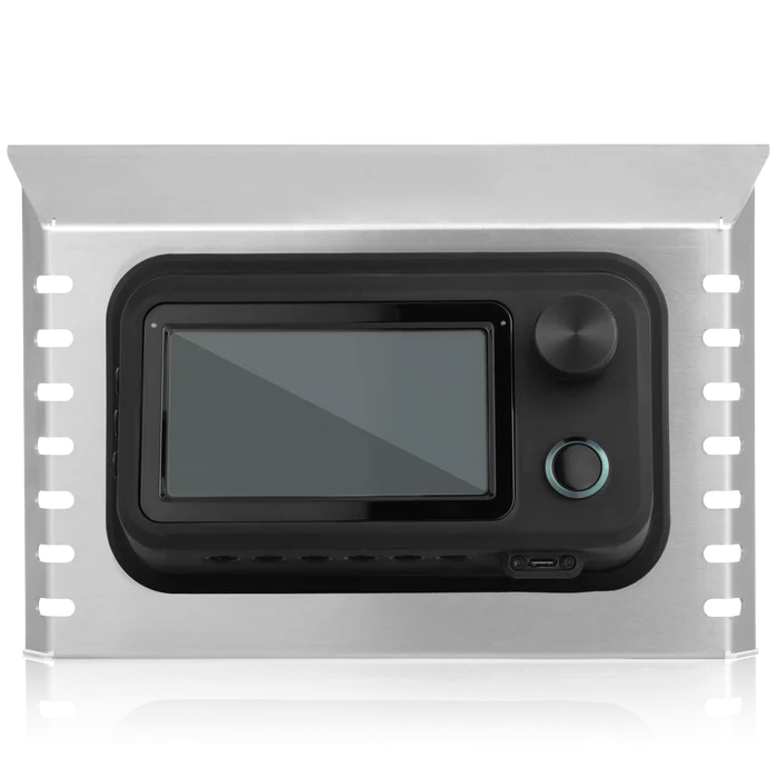 Black electronic device with screen and buttons on a white background