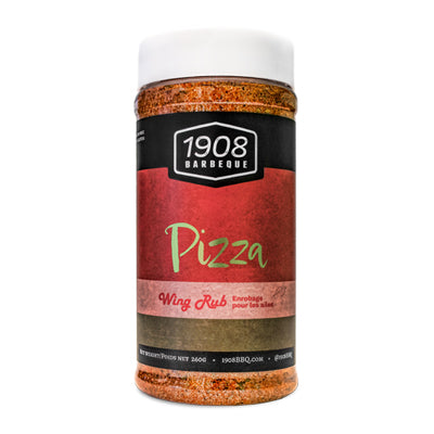 A bottle of 1908 Barbecue Pizza Wing Rub smokeboxes seasoning blend on a clean white background.