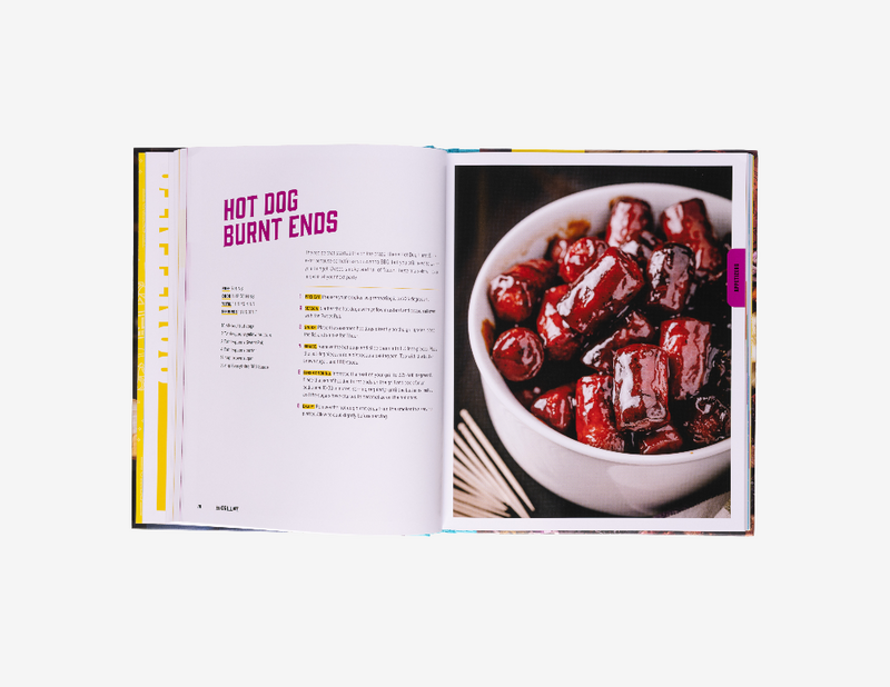 Open book showing a recipe for 'Hot Dog Burnt Ends' with an image of burnt ends in a bowl on a white background.