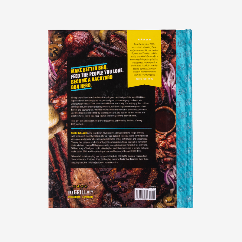 Back cover of a book with barbecue-themed design and text.