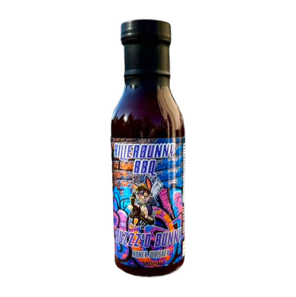 Bottle of killerbunny BBQ sauce on a white background