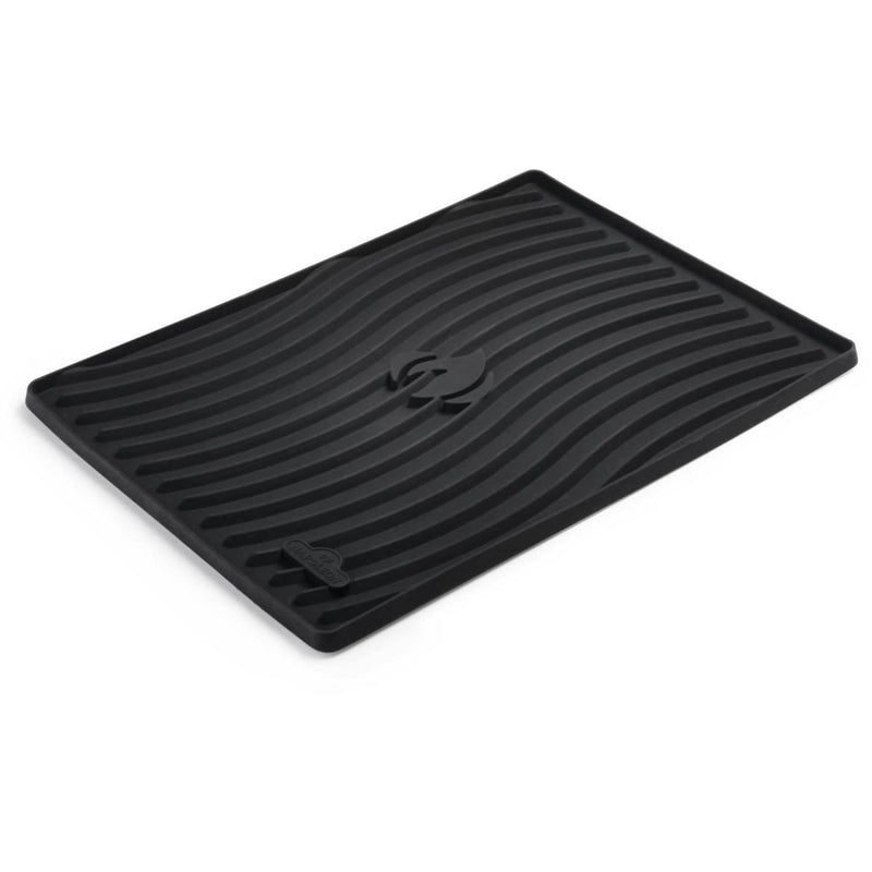 Black rubber mat with a brand logo on a white background