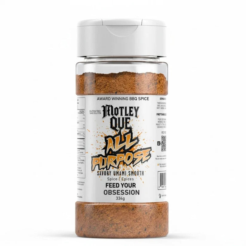 Jar of Motley Que All Purpose BBQ Spice on a white background