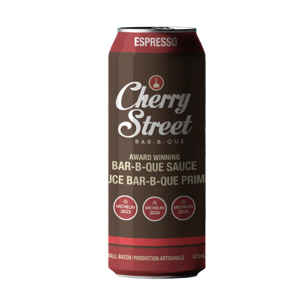 A single Cherry Street Bar-B-Que espresso sauce can, featuring a dark brown label with red bands at the top and bottom, and white script branding, shown on a plain white background.