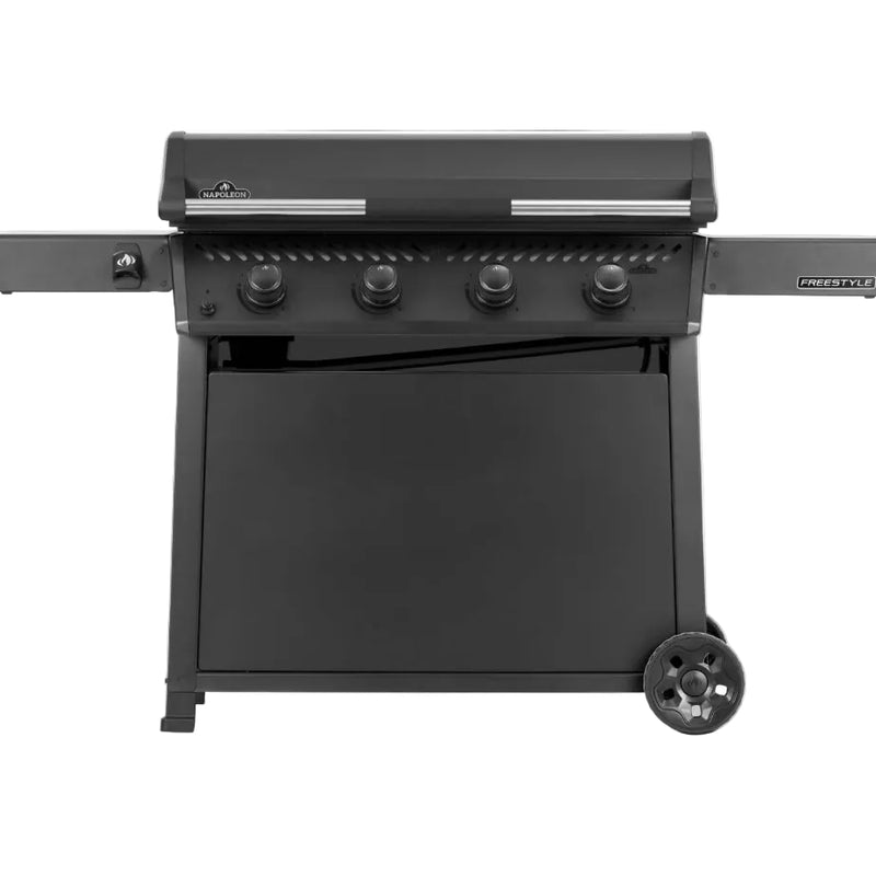 Black propane grill with three burners on a white background