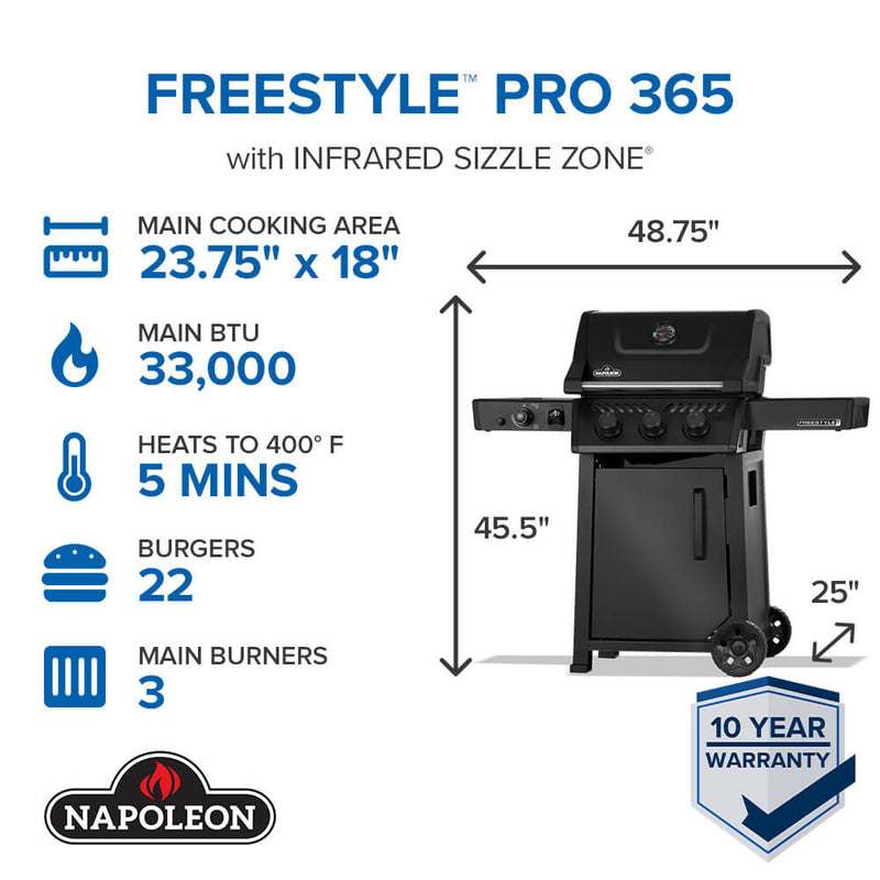 Napoleon Freestyle Pro 365 grill with specifications on a white background