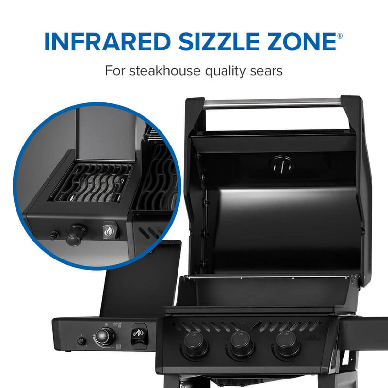 Black grill with infrared sizzle zone feature on a white background
