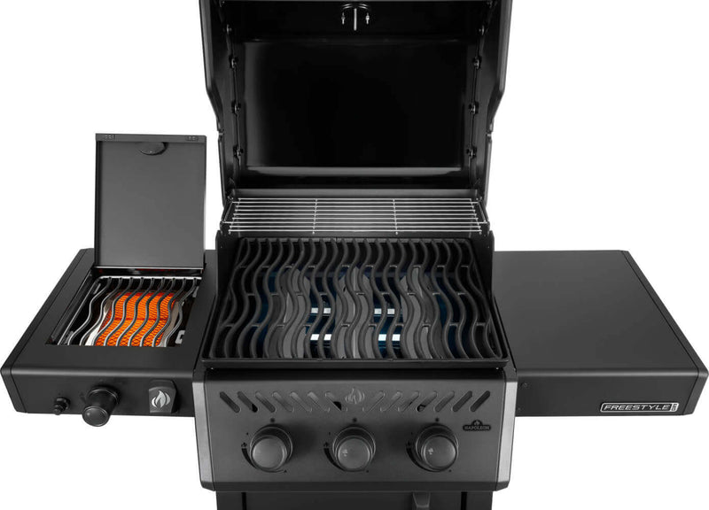 Black grill with open lid on a white background