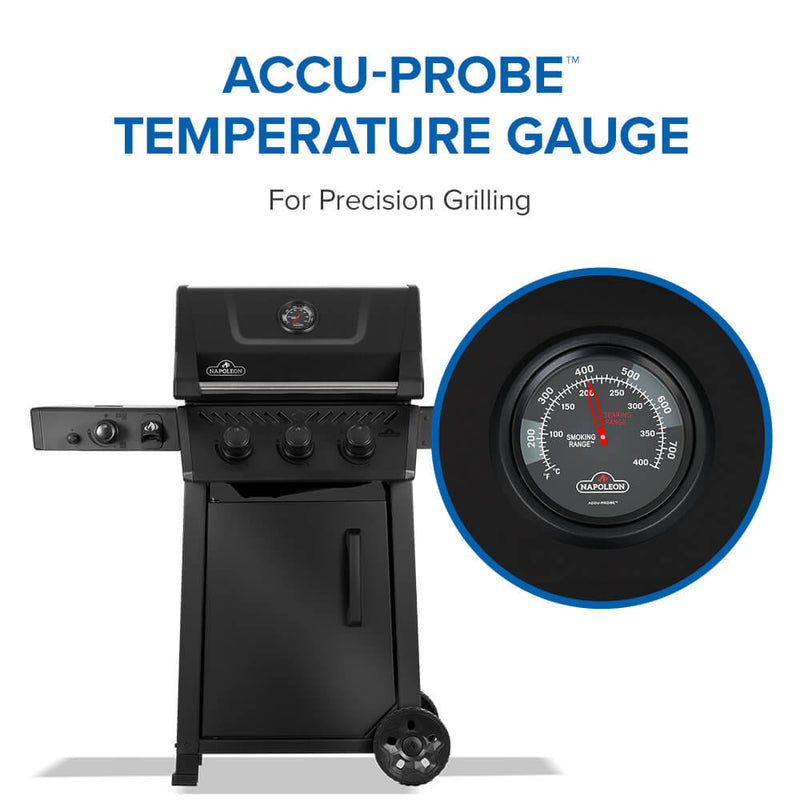Black grill with Accu-Probe temperature gauge on a white background