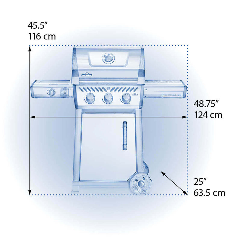 Measurement chart of a grill with dimensions labeled