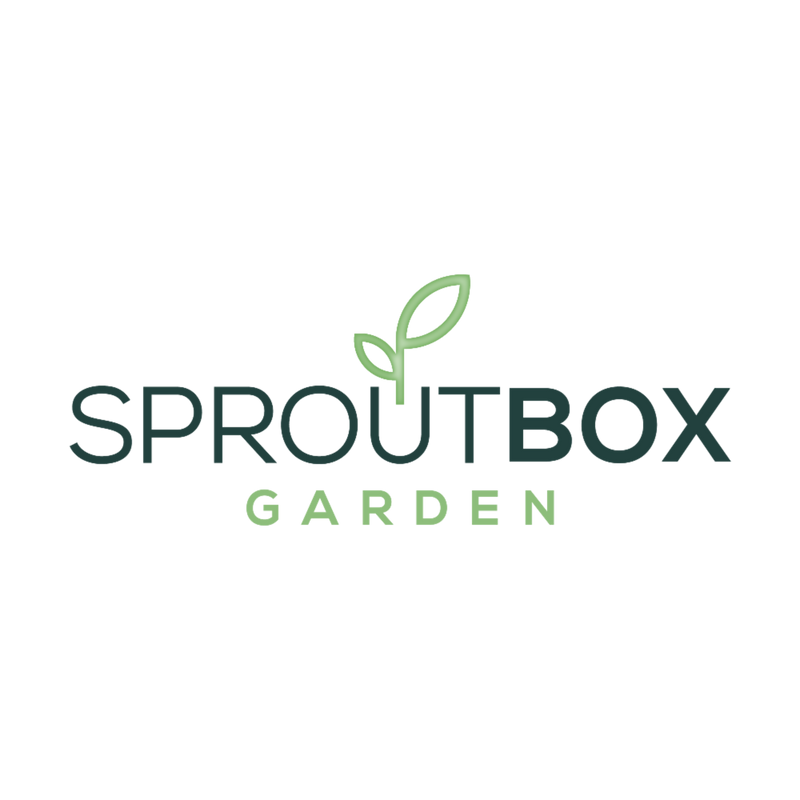 SproutBox Garden logo with a green leaf on a white background