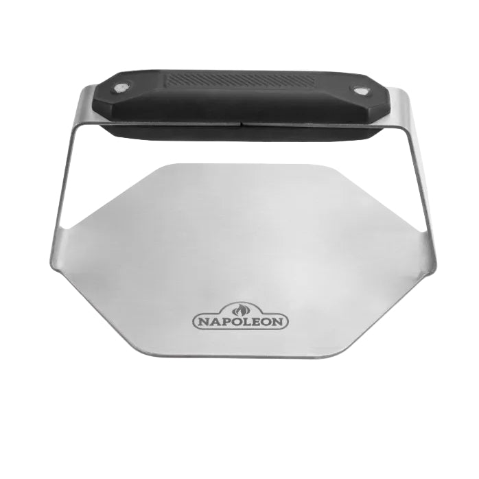 Stainless Steel Burger Press with a black handle on a white background