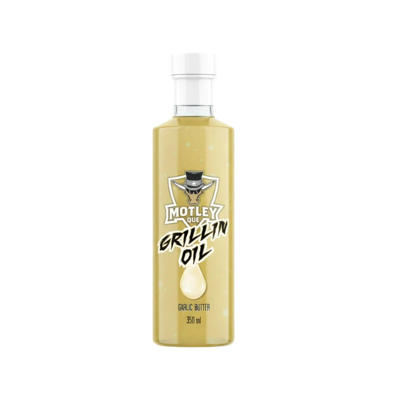 A bottle of Motley Grillin' Oil Double Butter 250ml on a solid white background.