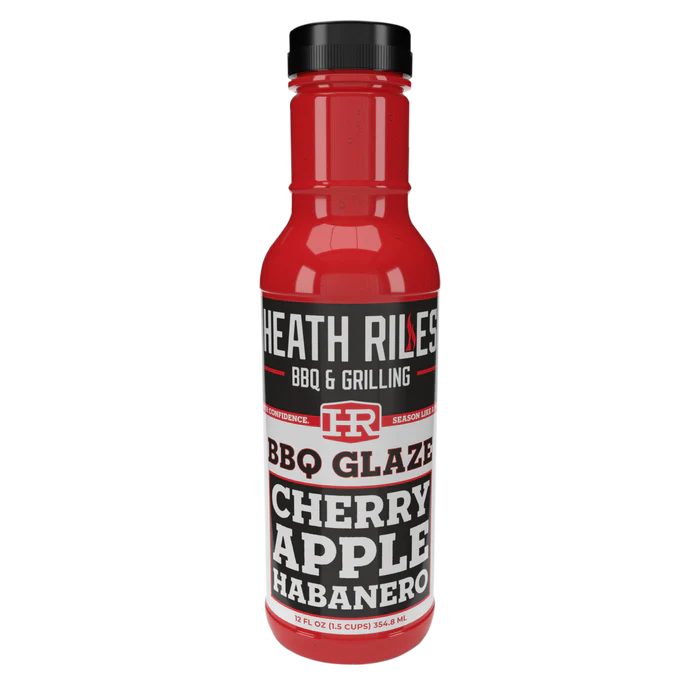 Bottle of Heath Riles BBQ Glaze Cherry Apple Habanero on a white background