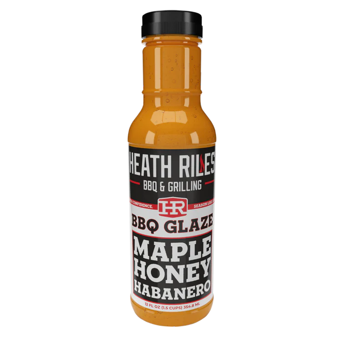 Bottle of Heath Riles BBQ Glaze Maple Honey Habanero on a white background