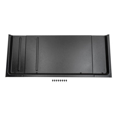 Black metal shelf with mounting hardware on a white background