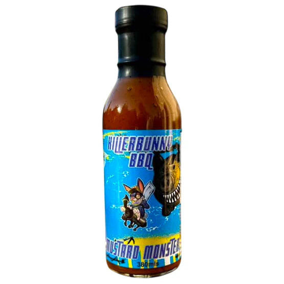 Bottle of Hutterbunny BBQ sauce with a colorful label on a white background
