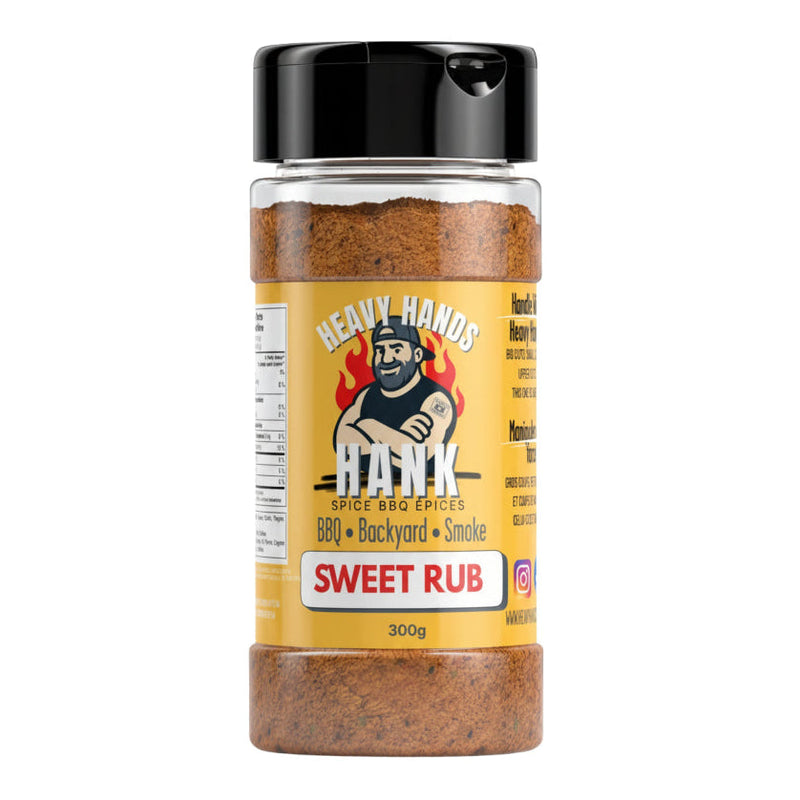 Spice jar labeled 'Heavy Hands' Sweet Rub on a white background