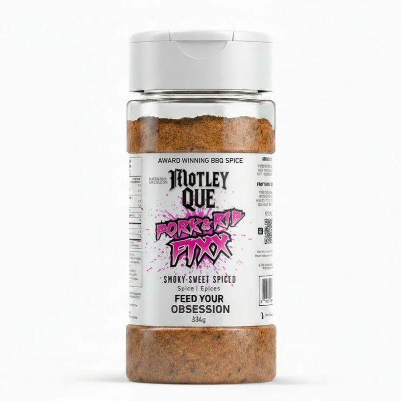 Jar of Motley Que BBQ Spice on a white background