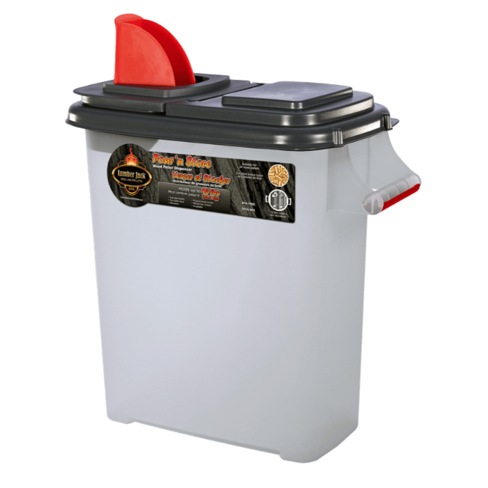 White plastic container with a red and black lid on a white background