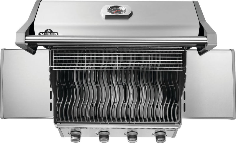 Stainless steel Napoleon grill on a white background