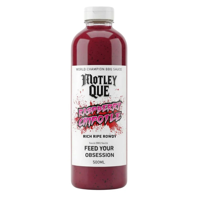 A 500ml bottle of Motley Que Raspberry Chipotle sauce, featuring a white label with red and pink text, filled with a dark red-brown sauce, and topped with a white cap on a white background.