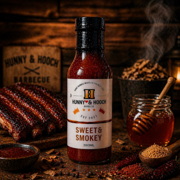 Bottle of Hunny and Hooch Sweet and Smokey BBQ sauce with ribs and honey in the background