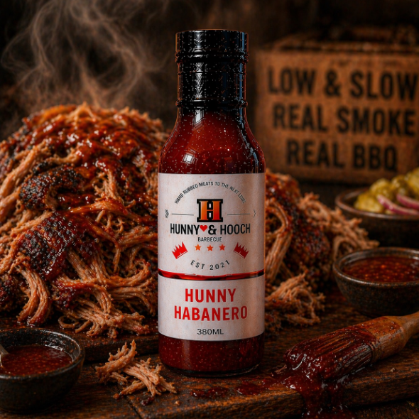bottle of Hunny Habanero BBQ sauce with a pile of pulled pork and smoke in the background