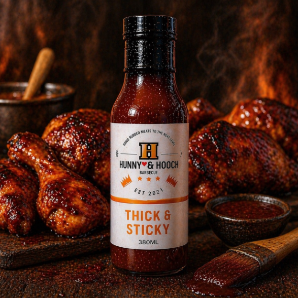 Bottle of Thick and Sticky BBQ sauce with grilled chicken and smoke in the background