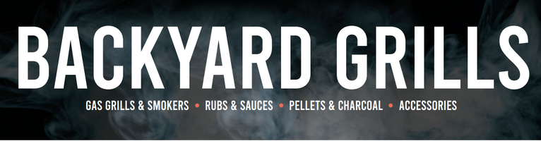 A screenshot of a website banner for 'BACKYARD GRILLS' with large white text over a dark smoky background, shown inside a browser window on a Windows desktop.
