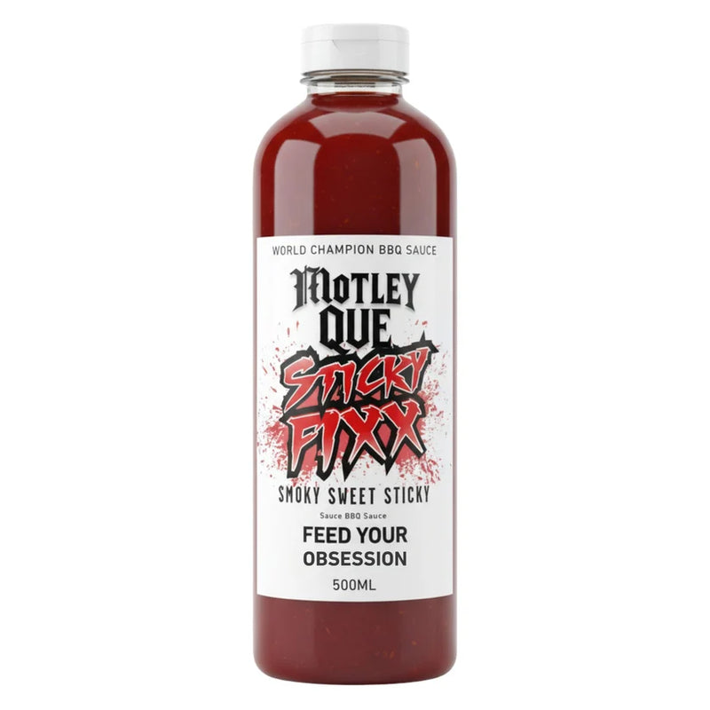 Bottle of Motley Que Sticky Fixx BBQ sauce on a white background