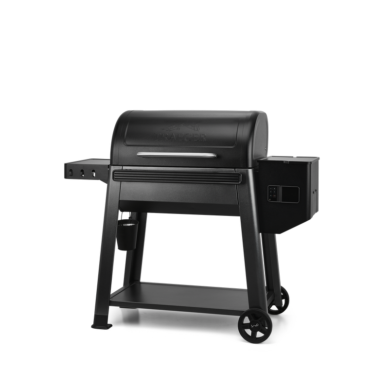 A black Pelago wood pellet grill with a side shelf and wheeled cart base, shown from a three-quarter angle on a solid white background.
