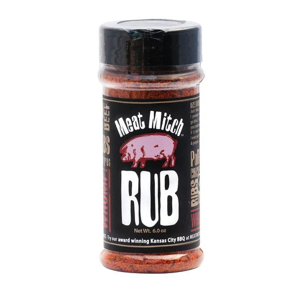 Bottle of Meat Mitch Rub on a white background
