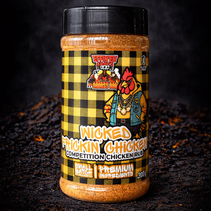 Jar of Wicked Chicken Chicken seasoning on a dark background