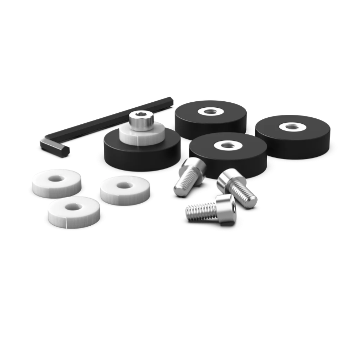 Set of black and silver mechanical components on a white background