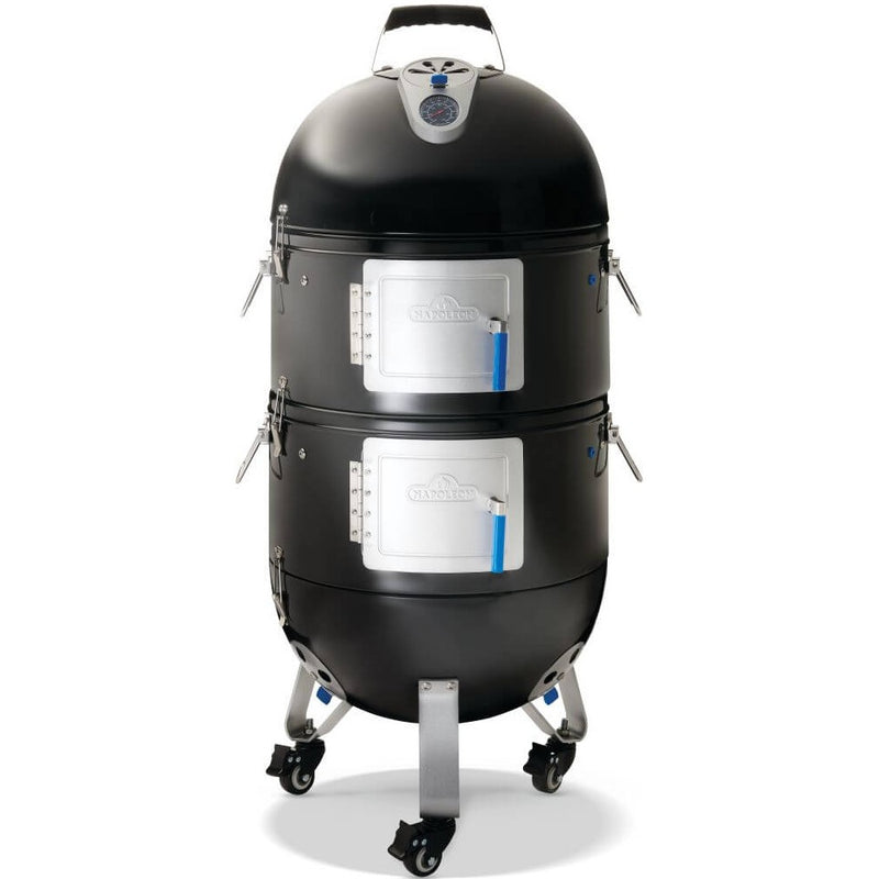 Black cylindrical smoker with wheels on a white background