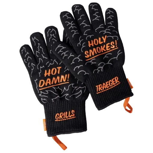 Black gloves with orange text featuring the brand 'Traeger' on a white background