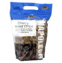 A bag of Cherry Wood Chips by the brand Napfstein, featuring a blue and white header with a clear lower section showing the wood chips inside.
