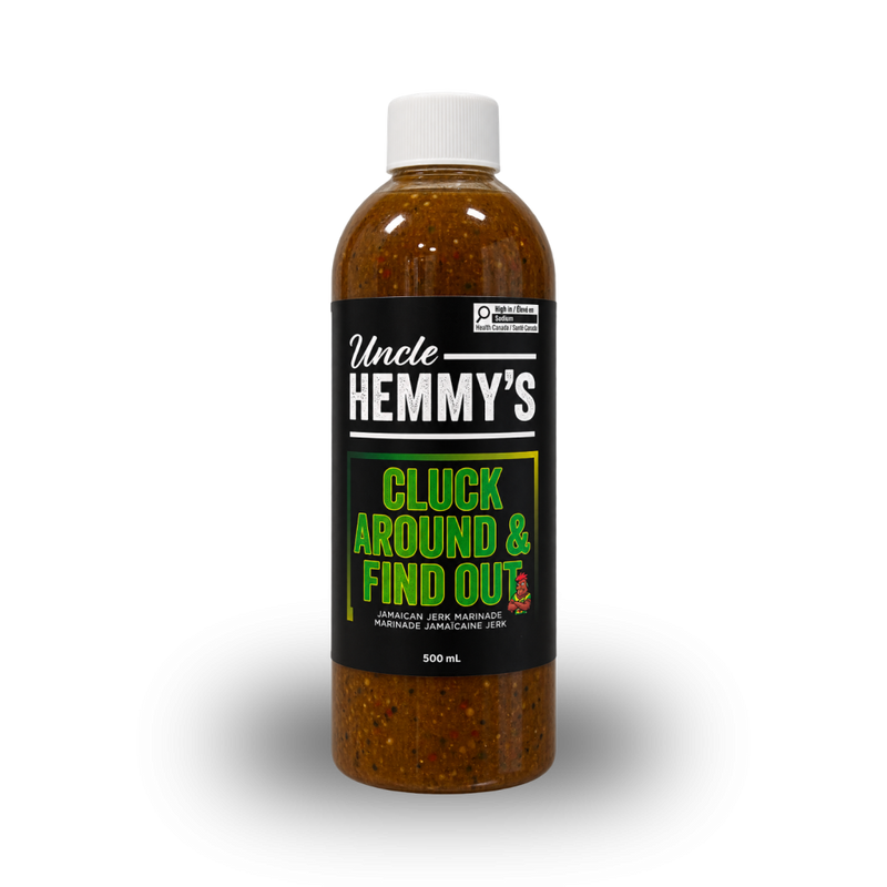 A 500 mL bottle of Uncle HEMMY'S 'Cluck Around & Find Out' Jamaican jerk sauce, featuring a black label with green and white text, a white cap, and visible flecks of seasoning in the clear plastic bottle, set against a plain white background with a soft drop shadow.