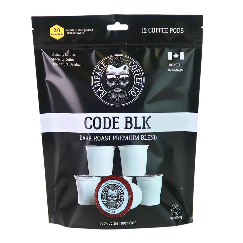 Package of Rampage Coffee Co. Code BLK dark roast premium blend coffee pods.